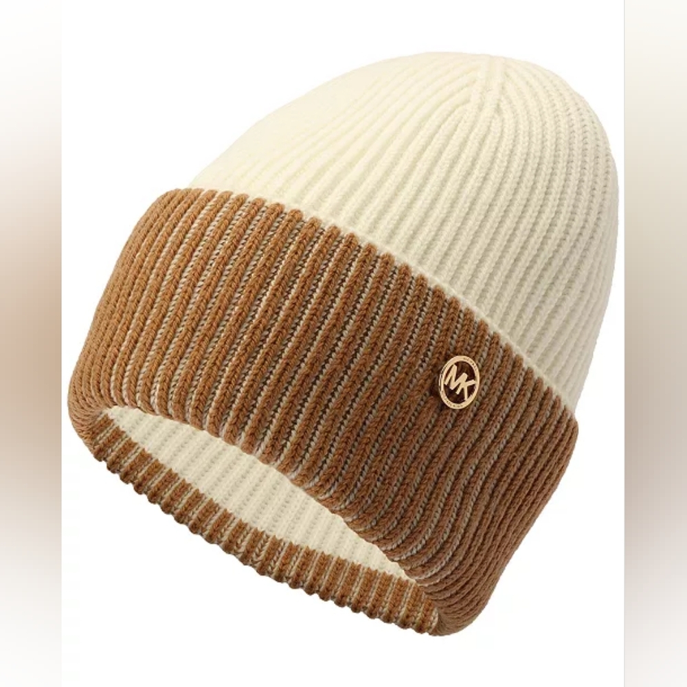 Michael Kors Ivory & Brown Ribbed cuffed Beanie